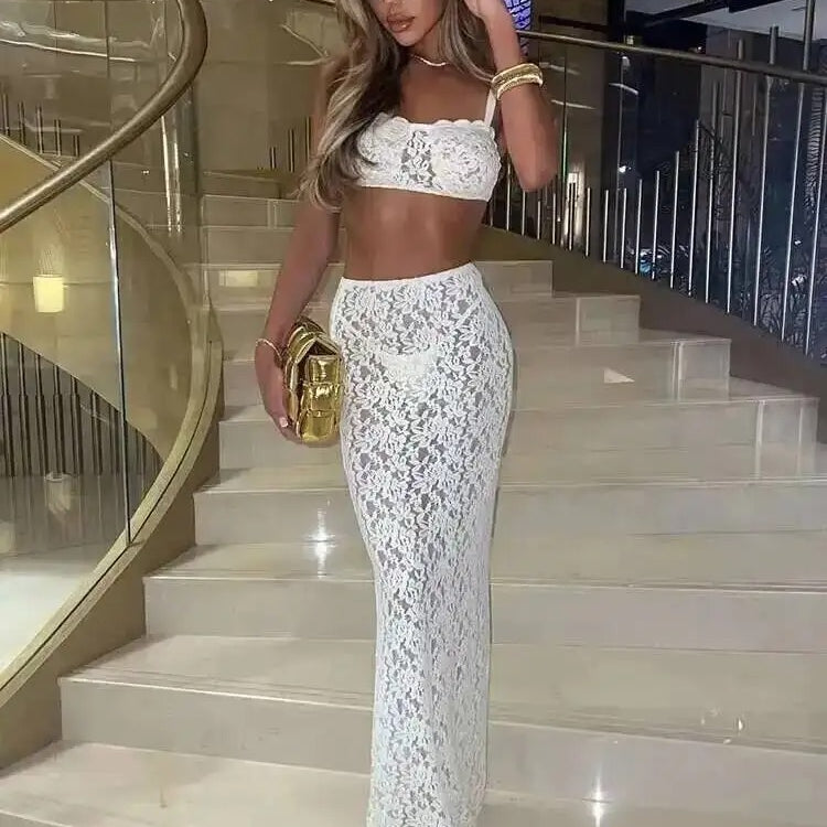 Lace Two Piece Set – Crop Top and Maxi Skirt Outfit