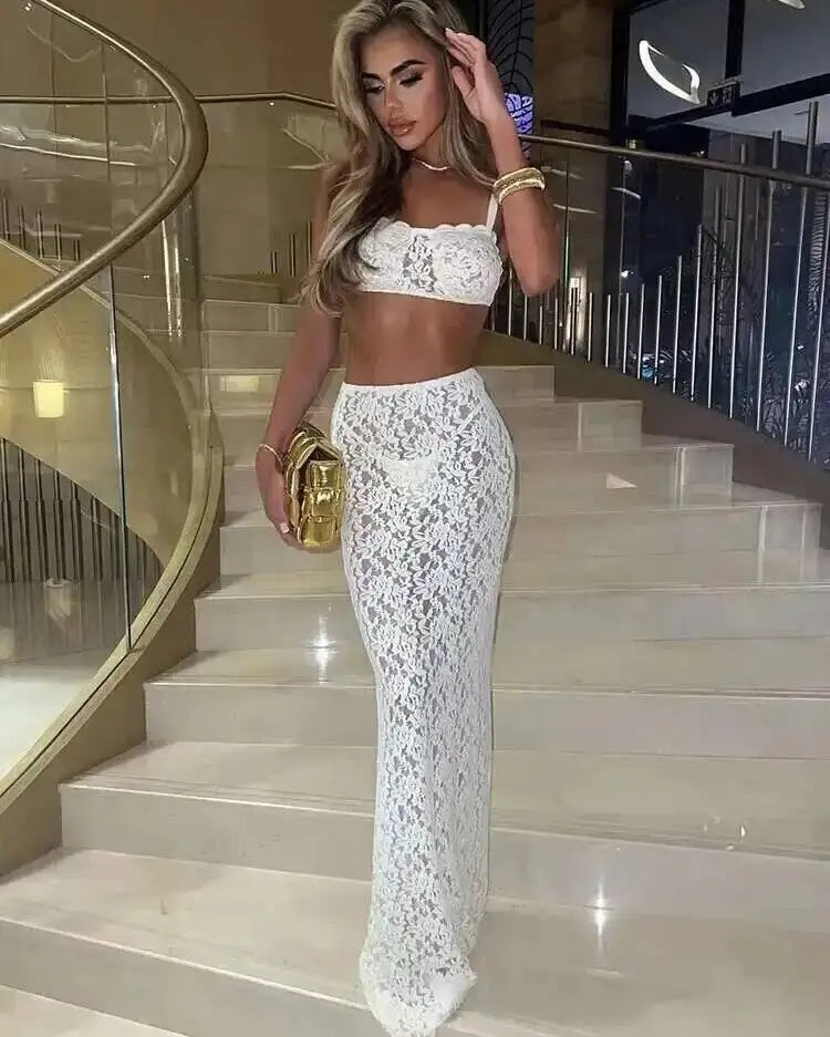 Lace Two Piece Set – Crop Top and Maxi Skirt Outfit