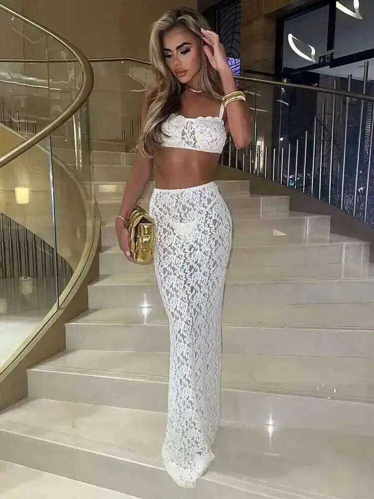 Lace Two Piece Set – Crop Top and Maxi Skirt Outfit