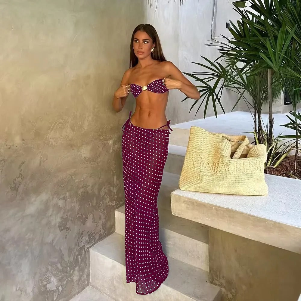 Polka Dot Bikini Set – 3 Piece Bandeau Swimwear with Long Skirt