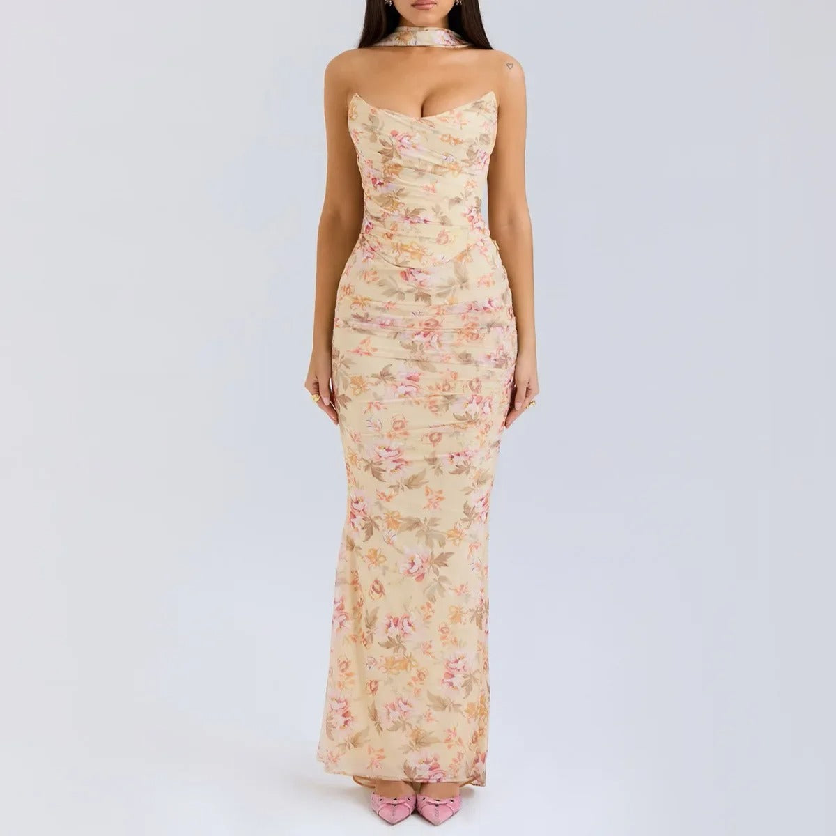 Strapless Maxi Dress – Elegant Ruched Evening Gown