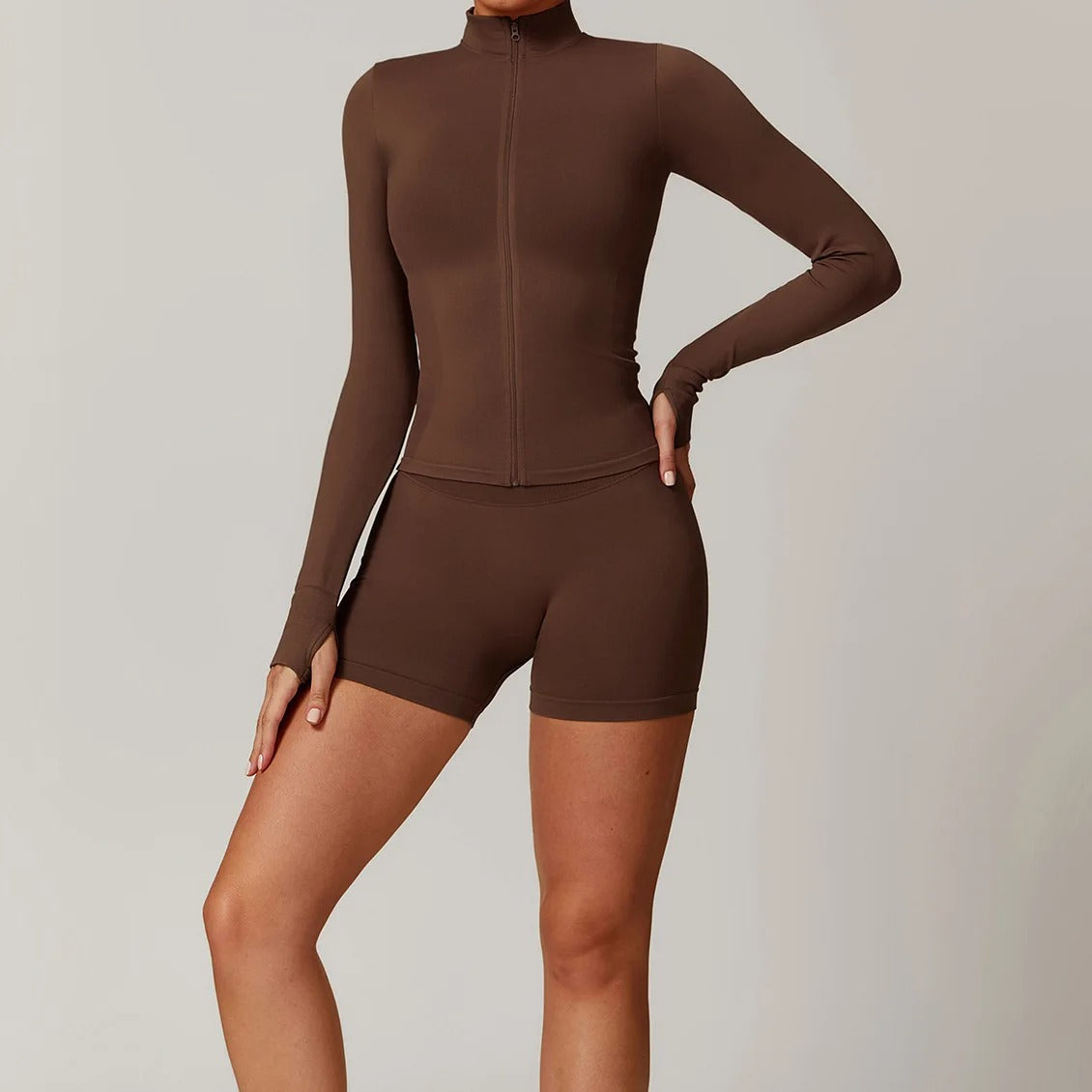 2 Piece Seamless Yoga Set – Long Sleeve Zip Jacket & High Waist Shorts Gym Outfit