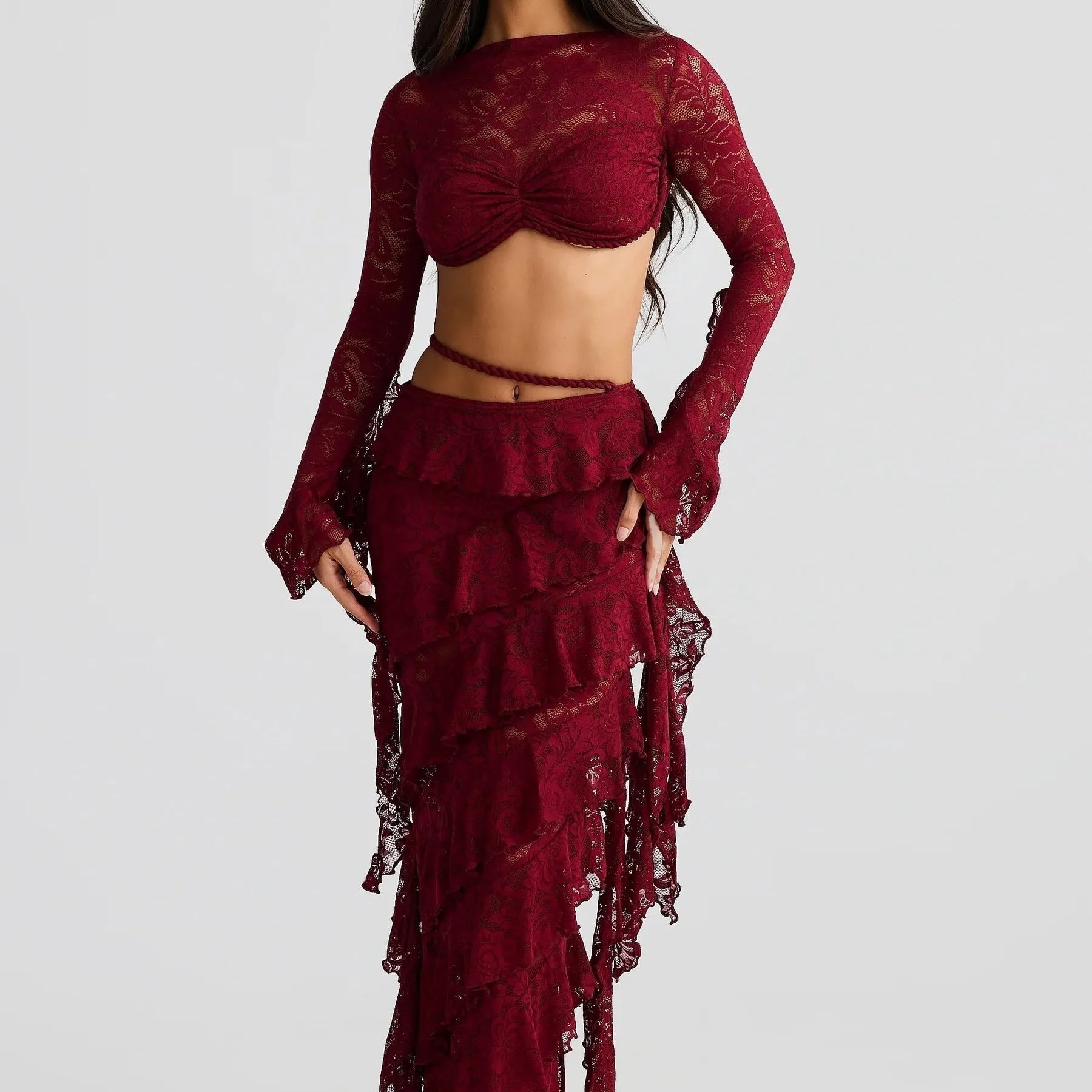 Lace Two Piece Set – Crop Top & Ruffle Maxi Skirt