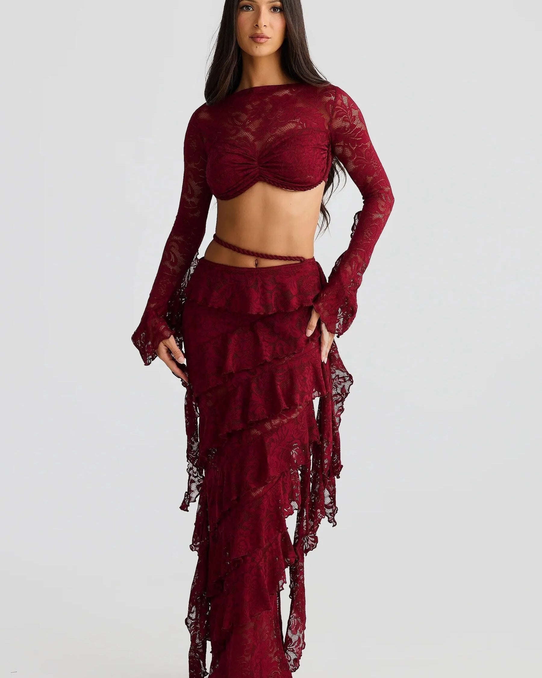 Lace Two Piece Set – Crop Top & Ruffle Maxi Skirt
