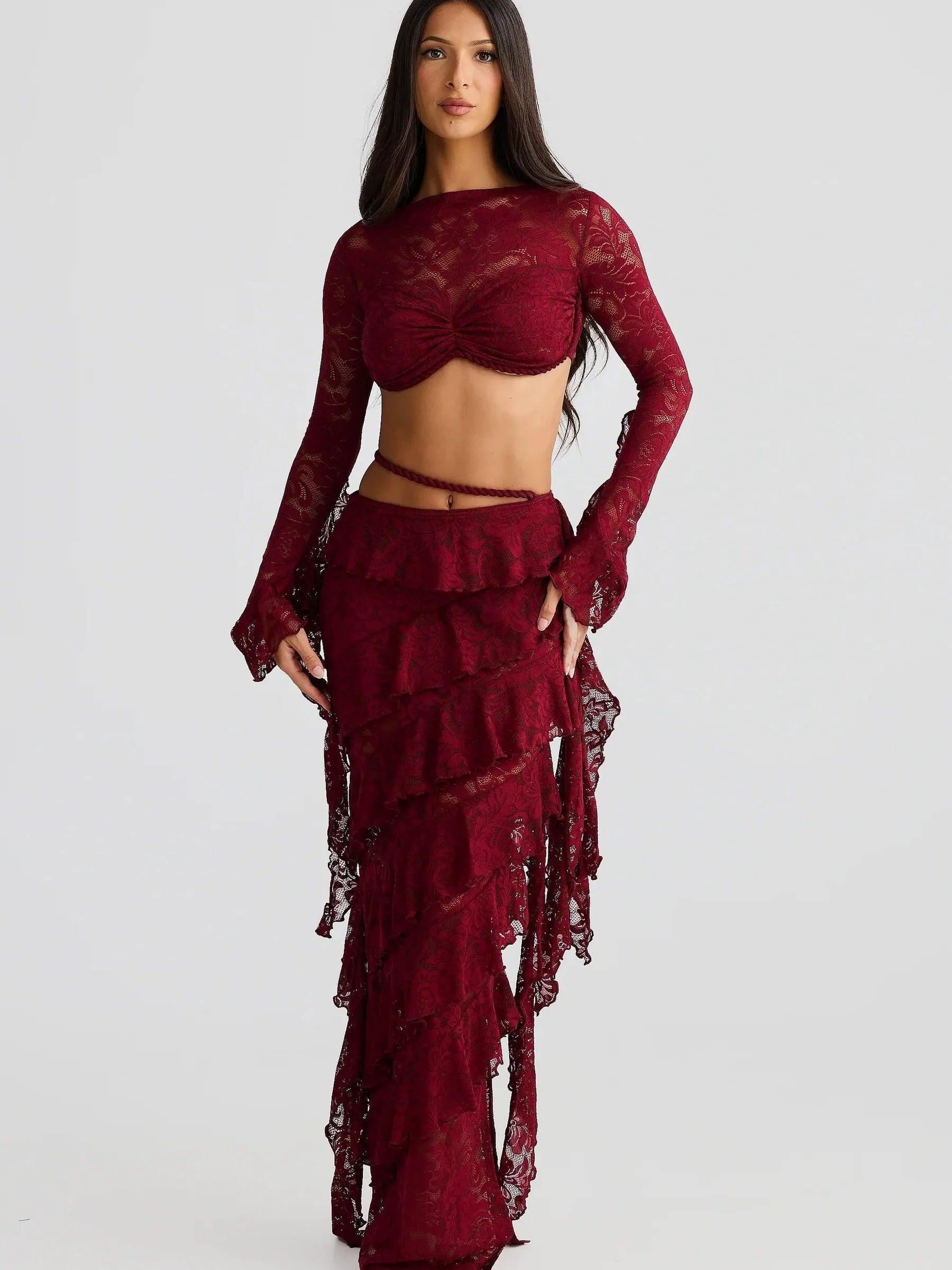 Lace Two Piece Set – Crop Top & Ruffle Maxi Skirt