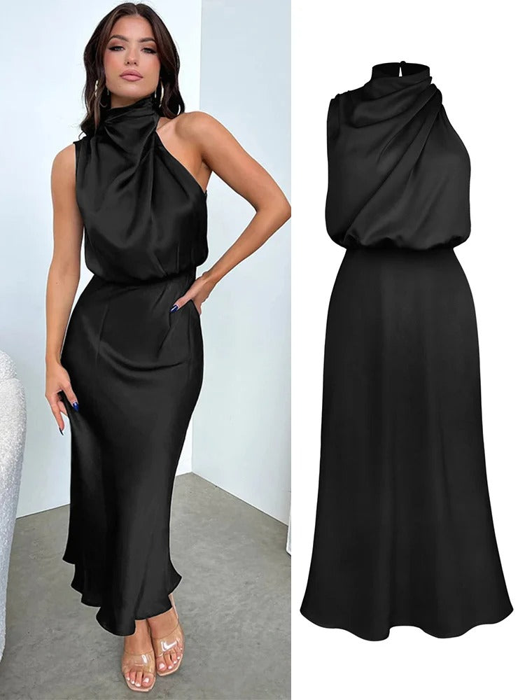 Satin Halter Neck Evening Dress Formal Gown