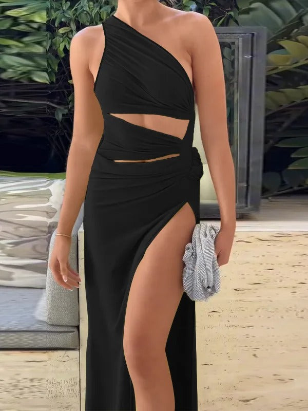 One Shoulder Cut Out Maxi Dress – Elegant High Slit Evening Gown