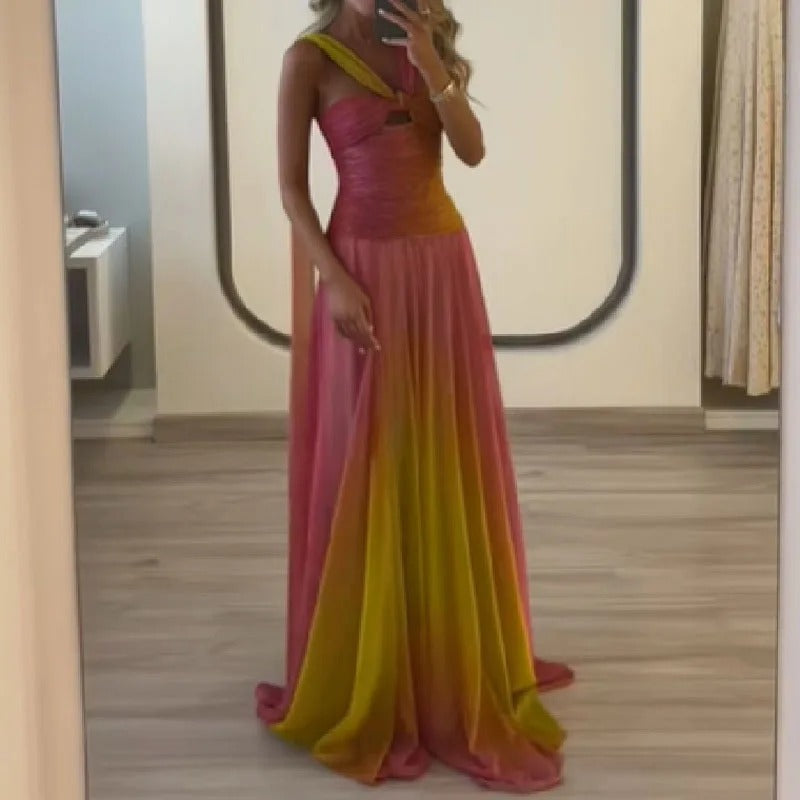 Halter Pleated 2 Piece Set – Elegant Gradient Crop Top & Maxi Skirt Outfit