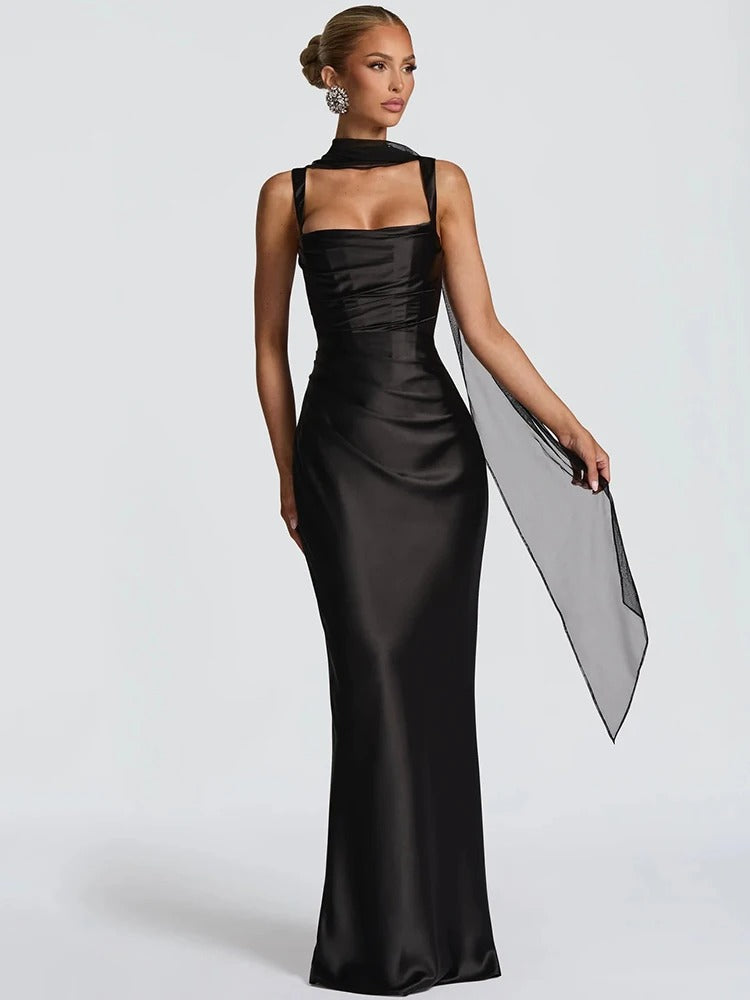Elegant Lace Up Satin Backless Maxi Dress – Evening Gown
