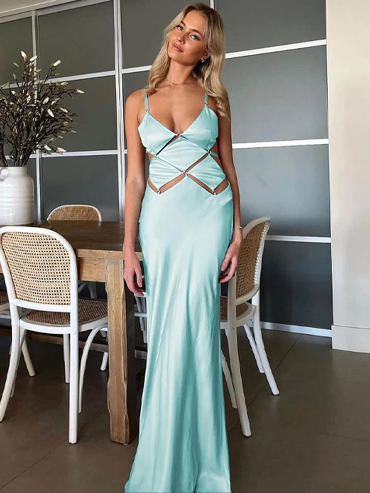 Satin Maxi Dress – Cut Out Spaghetti Strap Gown