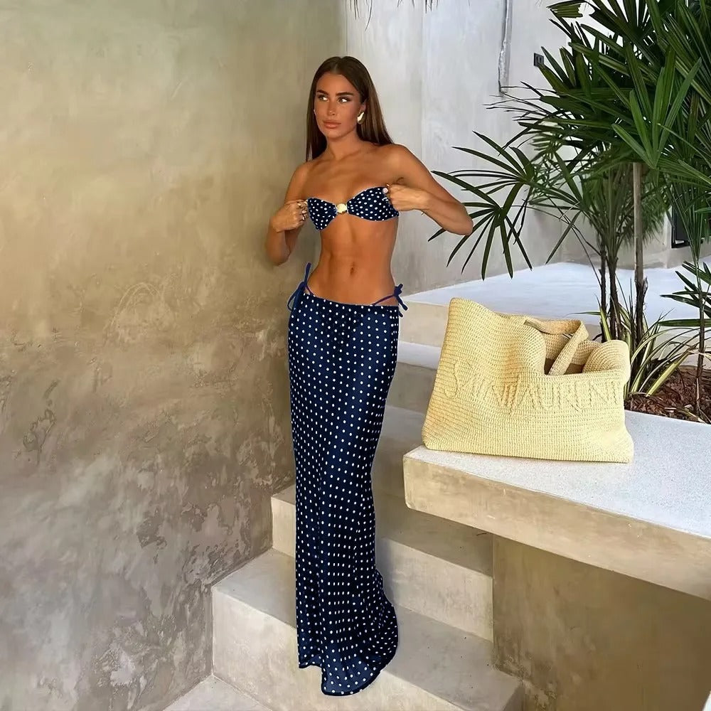 Polka Dot Bikini Set – 3 Piece Bandeau Swimwear with Long Skirt