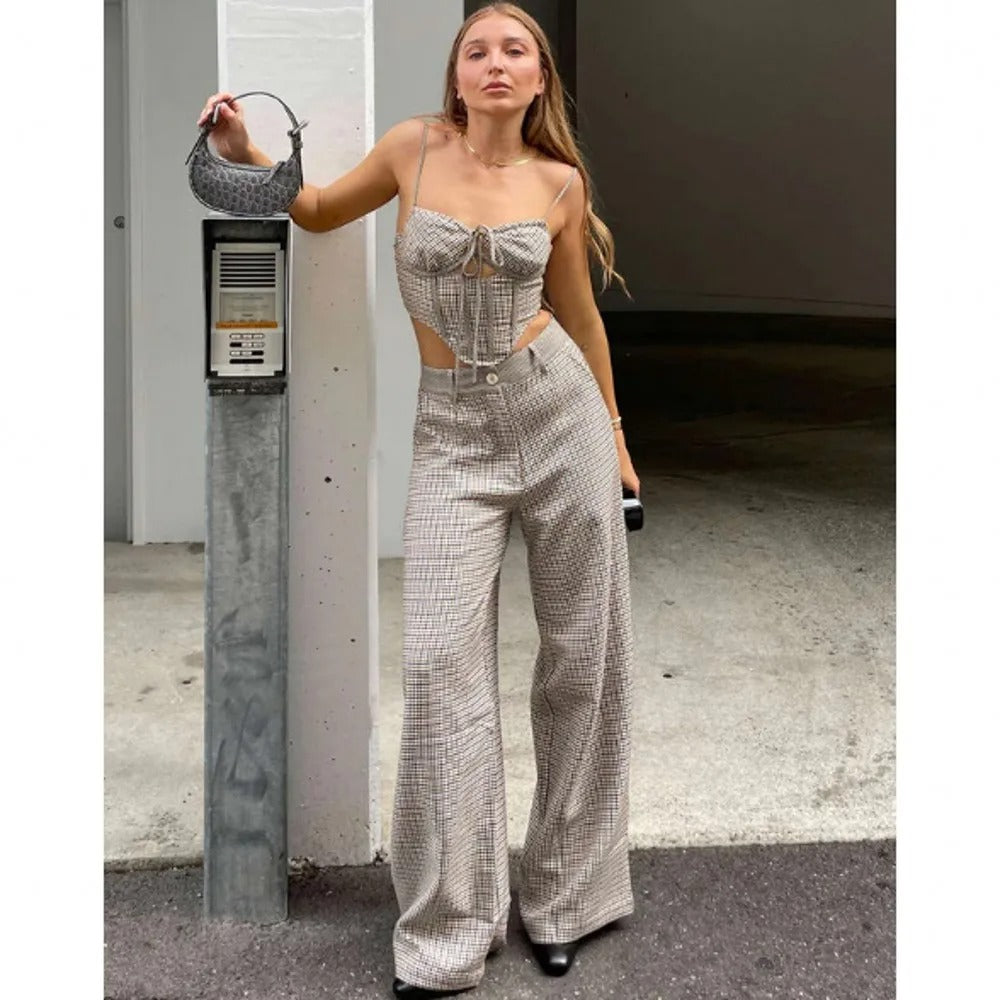 Two Piece Set – Bustier Crop Top & Wide Leg Pants Outfit