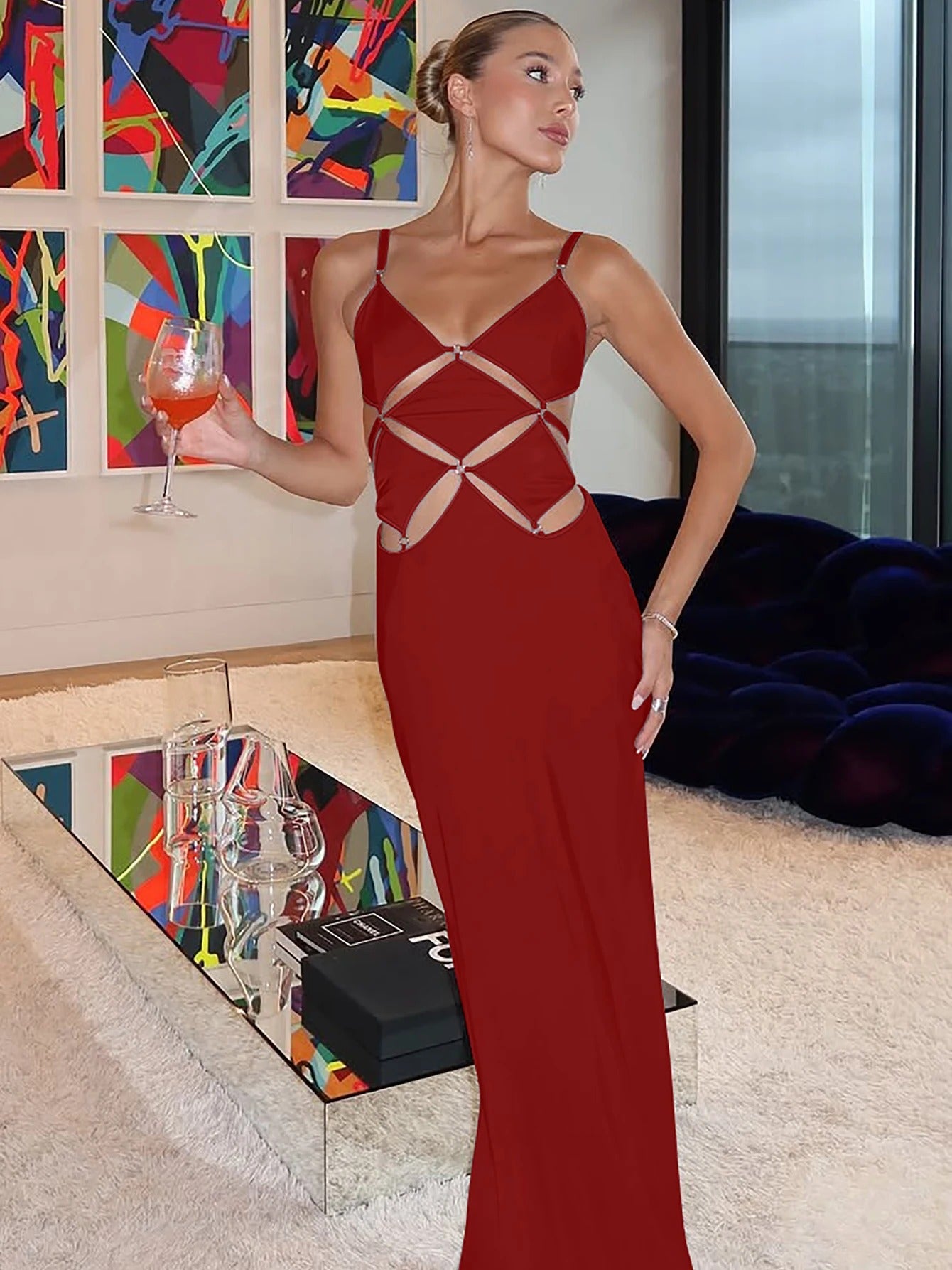 Satin Maxi Dress – Cut Out Spaghetti Strap Gown