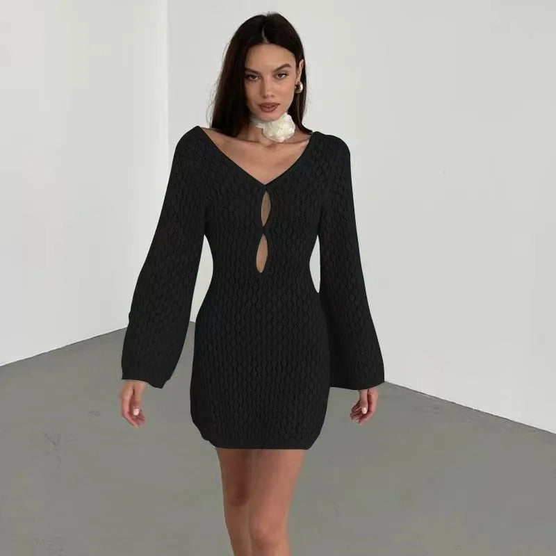 Crochet Knit Mini Dress – Long Sleeve Beach Cover Up