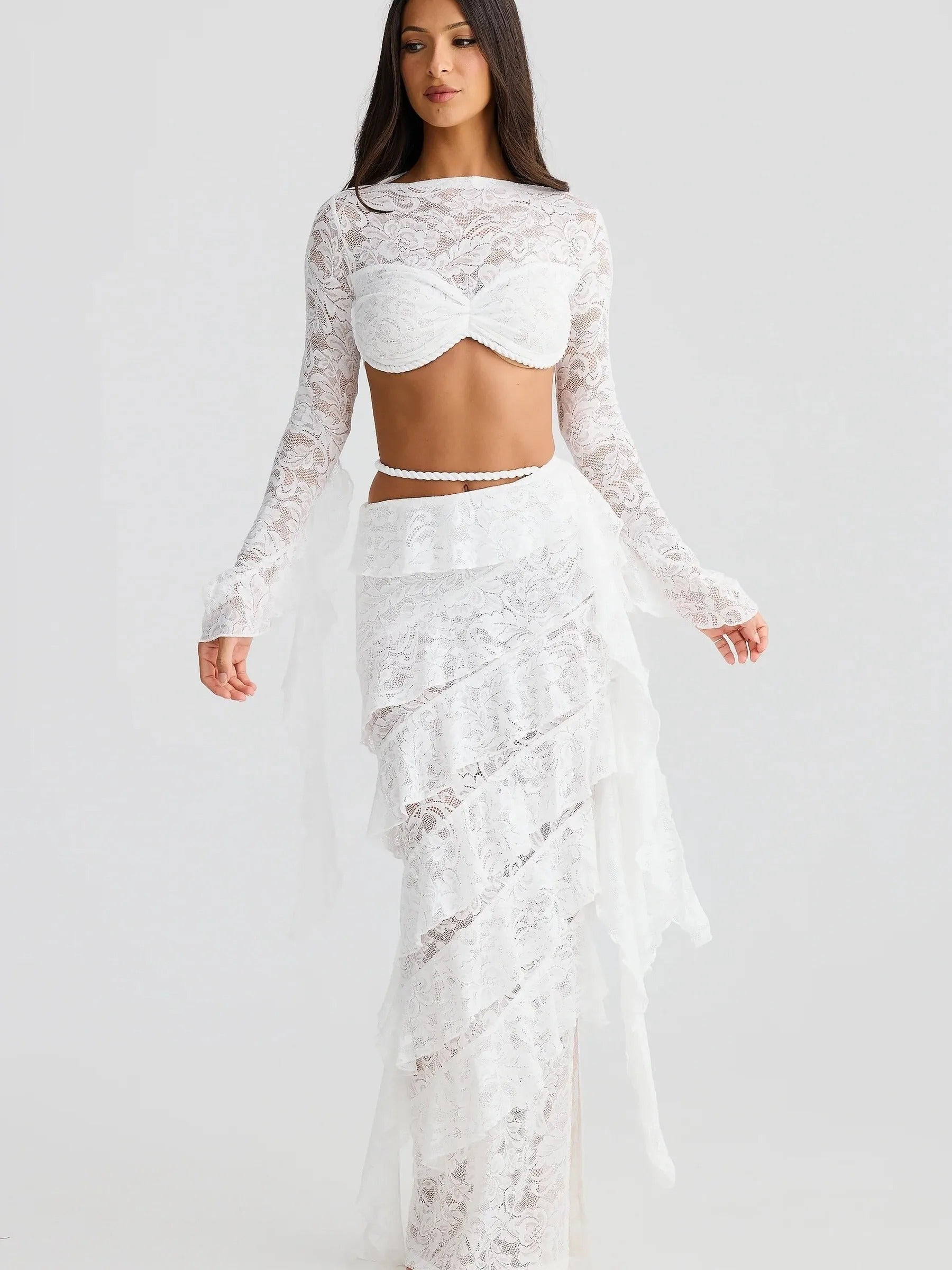 Lace Two Piece Set – Crop Top & Ruffle Maxi Skirt