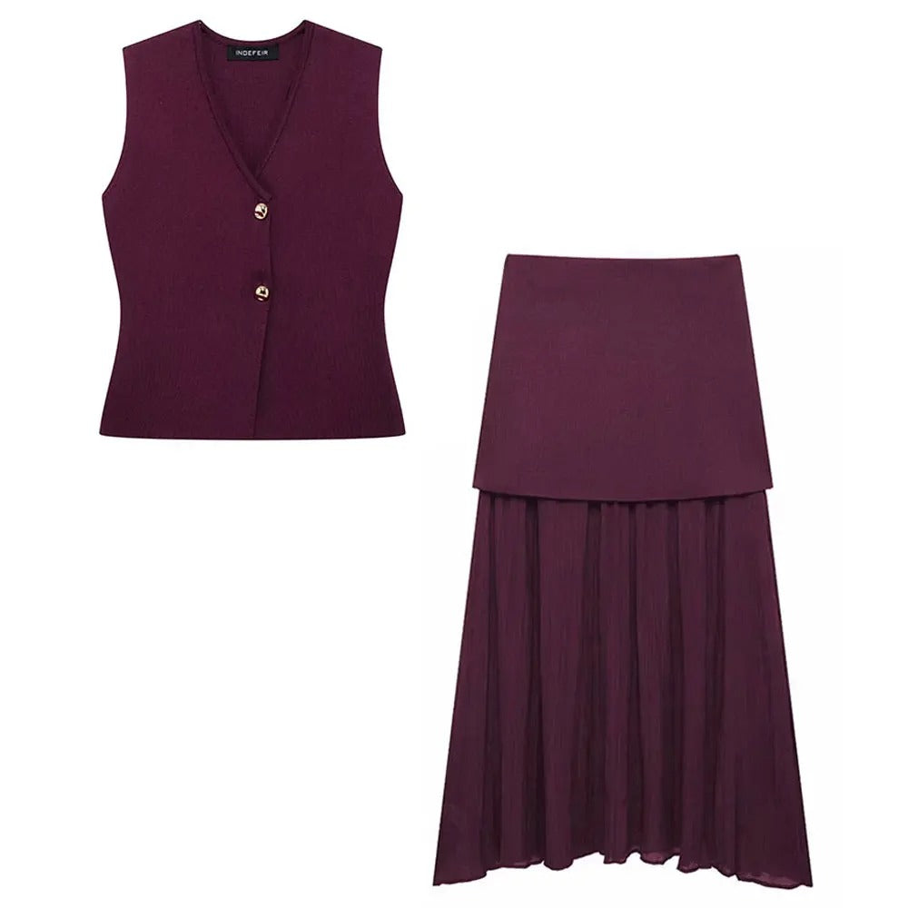 2 Piece Outfit – Sleeveless Vest Top & Pleated Maxi Skirt Elegant Set