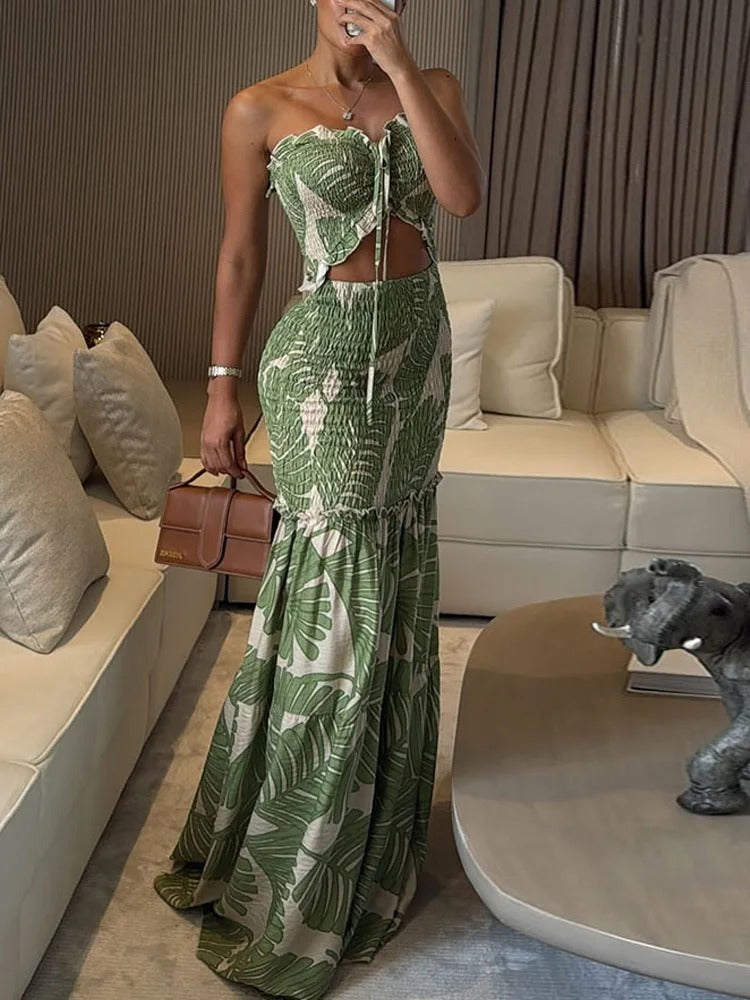 Palm Print Two Piece Set – Strapless Cut Out Ruffle Beach Dress