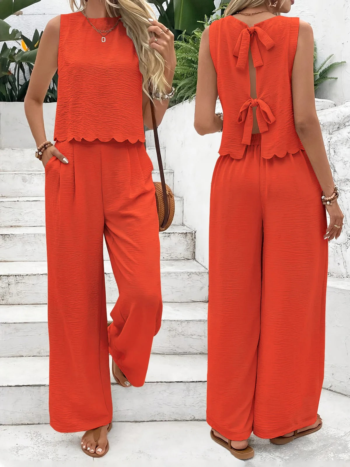 Summer Two Piece Set – Sleeveless Shell Trim Top & Wide Leg Pants Outfit