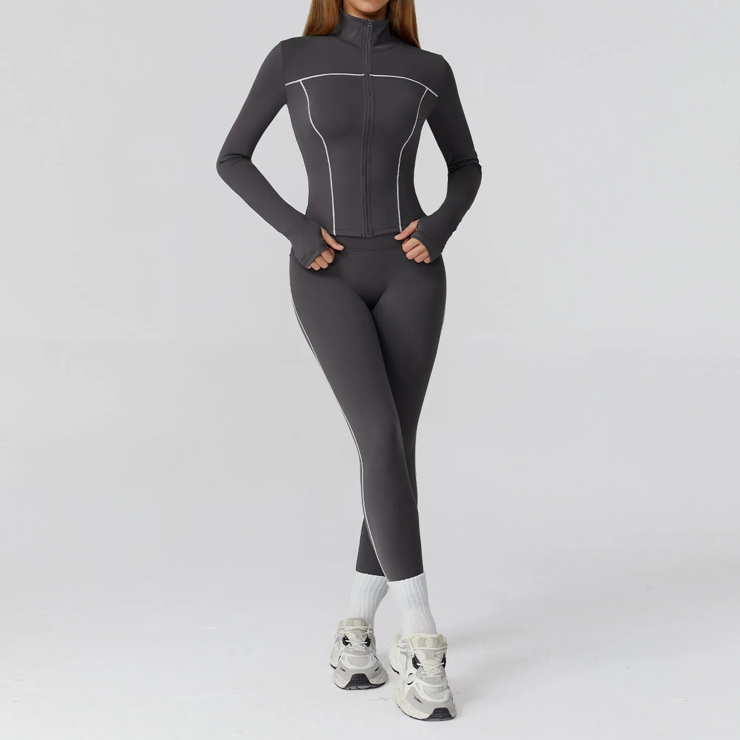 2 Piece Yoga Set – Long Sleeve Zip Jacket & High Waist Leggings Sportswear