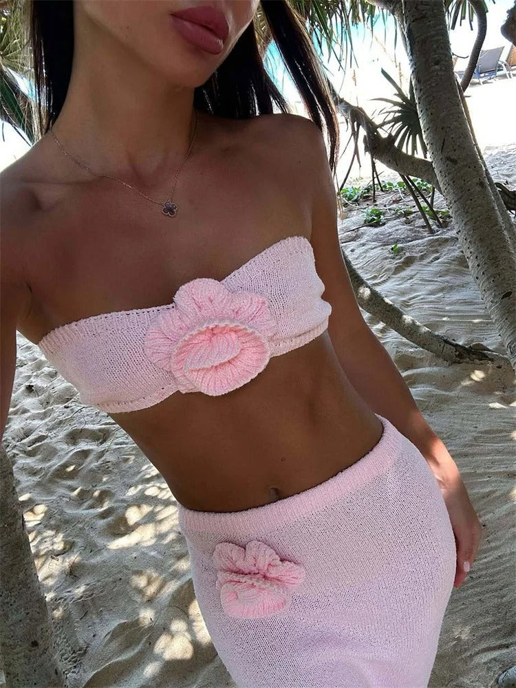 Knit Two Piece Set – Strapless Crop Top & Maxi Skirt Beach Outfit