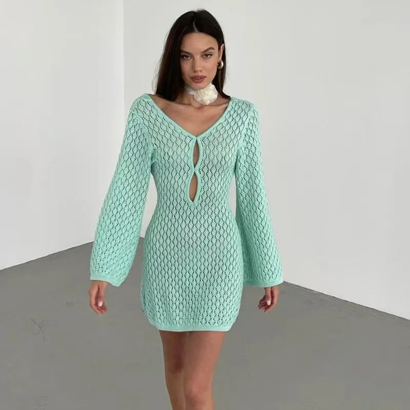 Crochet Knit Mini Dress – Long Sleeve Beach Cover Up