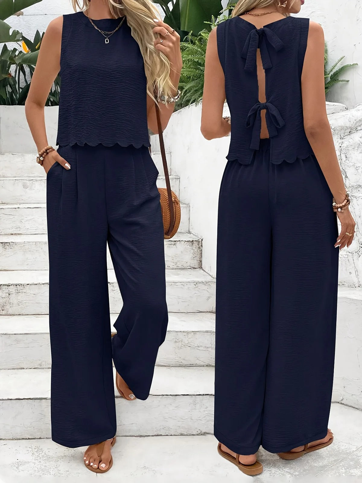Summer Two Piece Set – Sleeveless Shell Trim Top & Wide Leg Pants Outfit