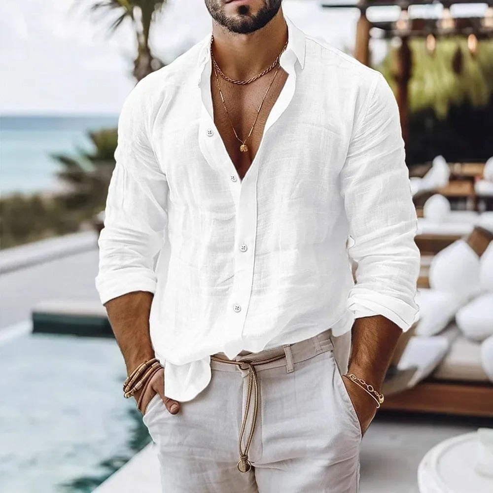 Men’s Linen Shirt – Casual Long Sleeve Summer Beach Top