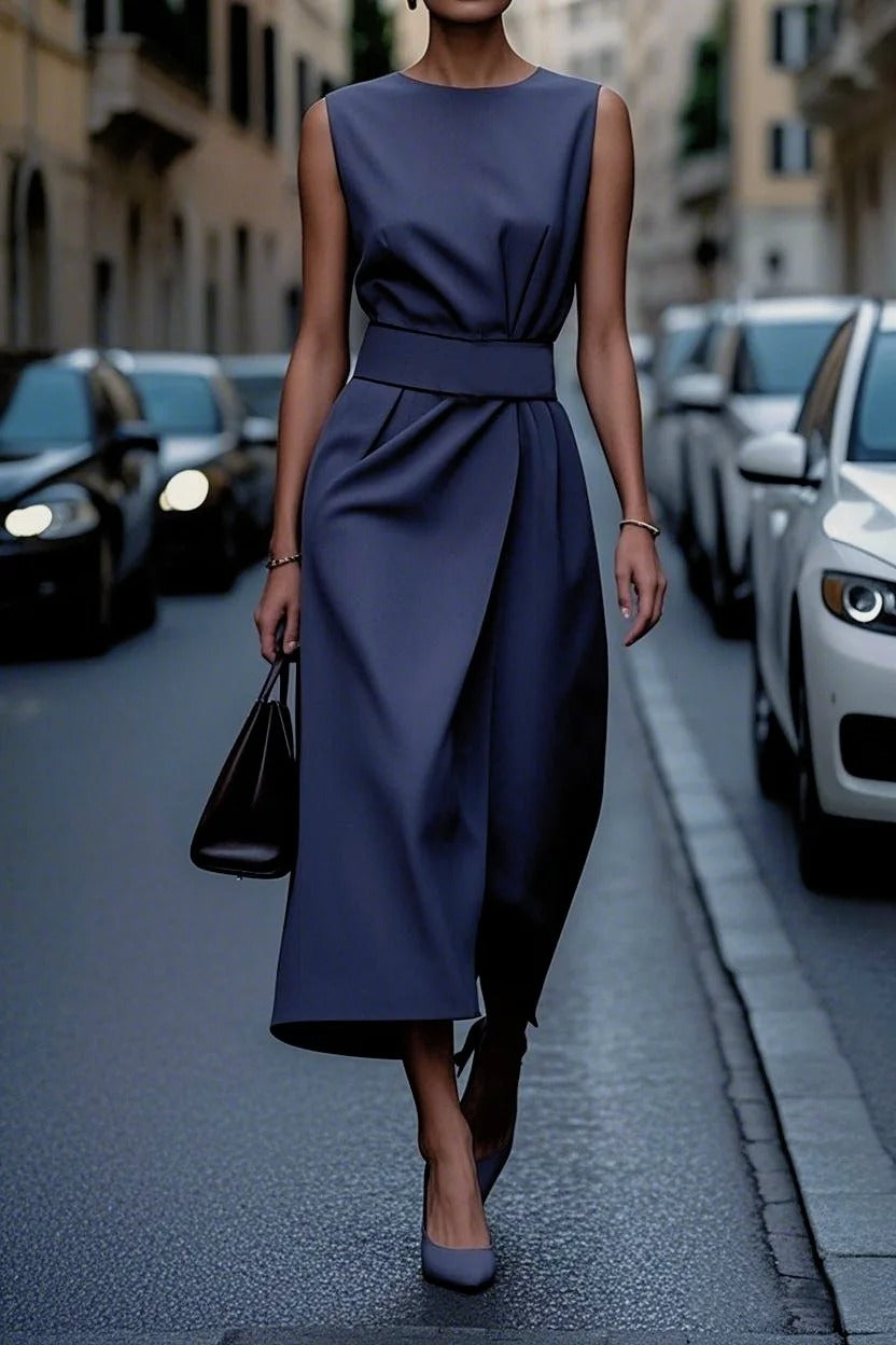 Elegant Midi Dress – Sleeveless Crew Neck Belted A Line Dress