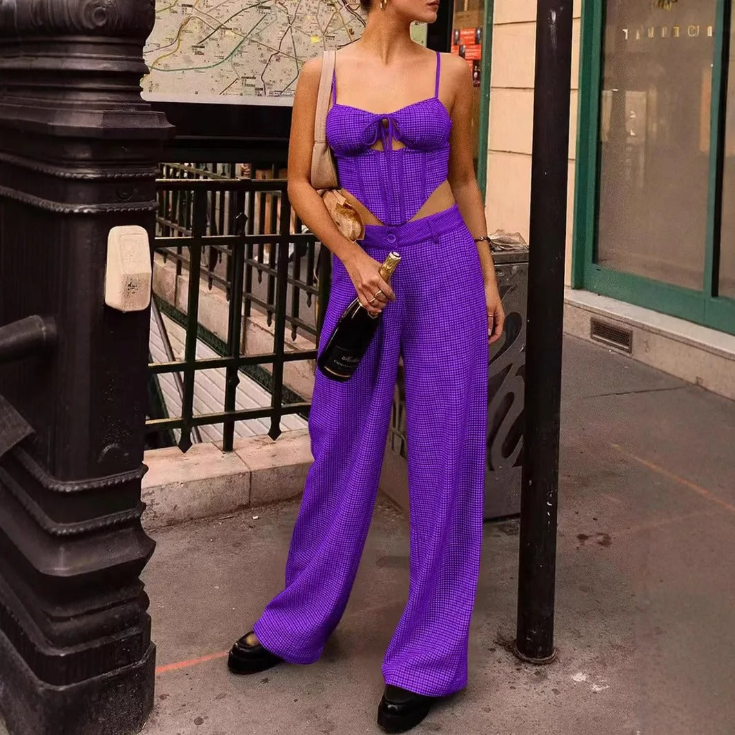 Two Piece Set – Bustier Crop Top & Wide Leg Pants Outfit