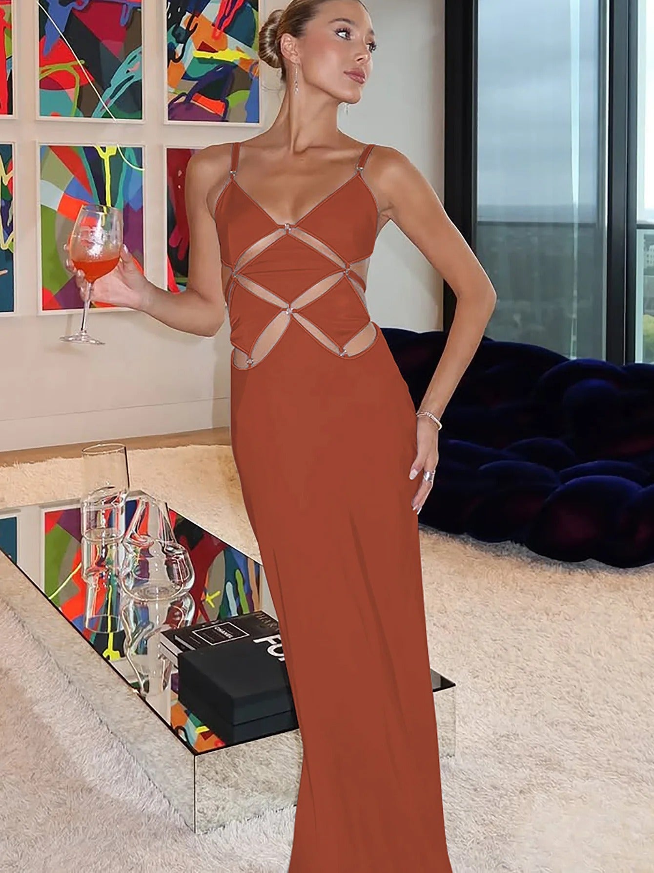 Satin Maxi Dress – Cut Out Spaghetti Strap Gown