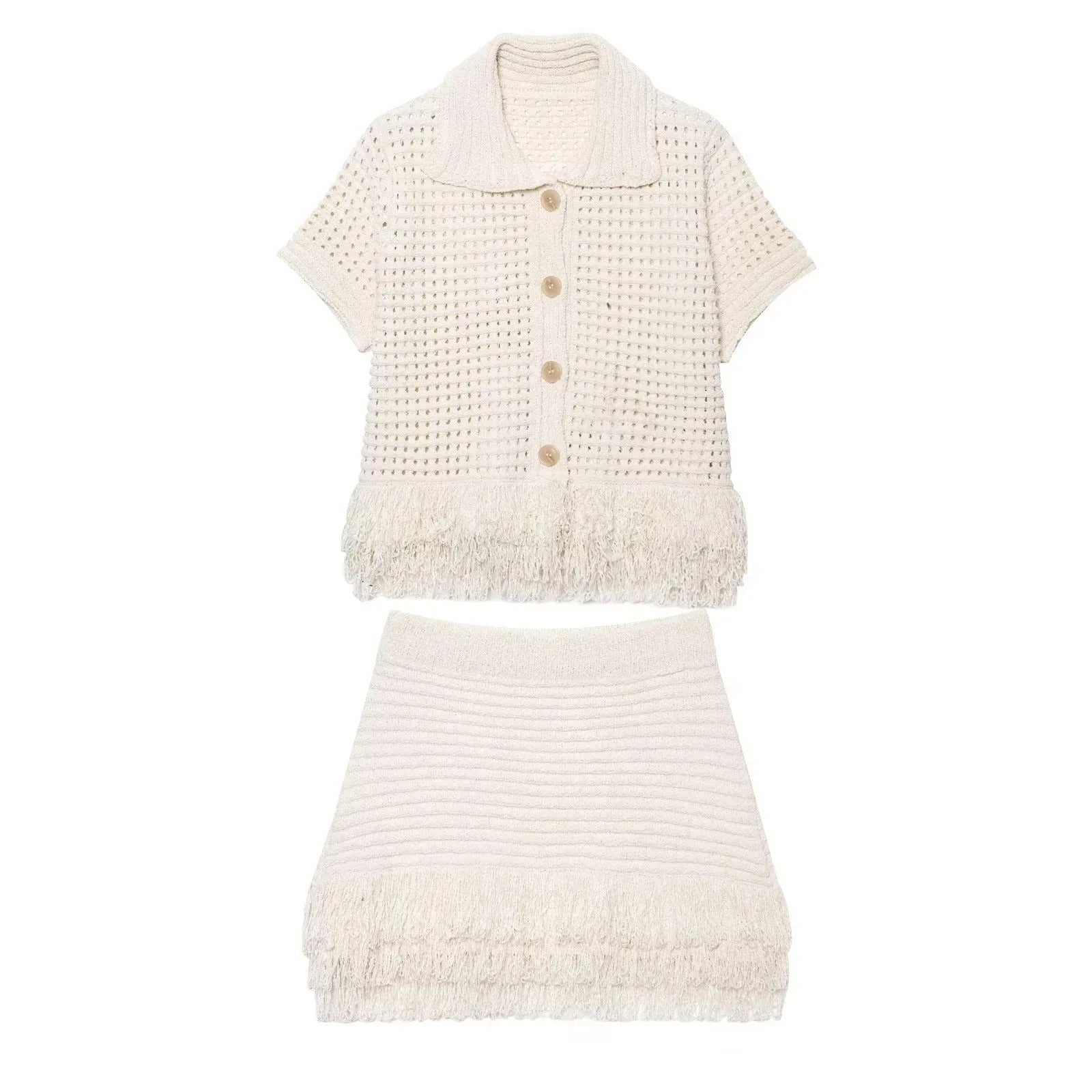 Knitted Two Piece Set – Tassel Short Sleeve Top & Mini Skirt Co ord Outfit