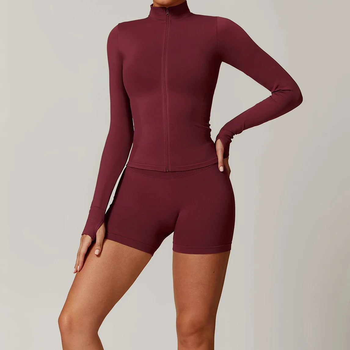 2 Piece Seamless Yoga Set – Long Sleeve Zip Jacket & High Waist Shorts Gym Outfit