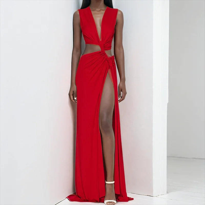 Cut Out Maxi Dress – Deep V Neck High Split Evening Gown