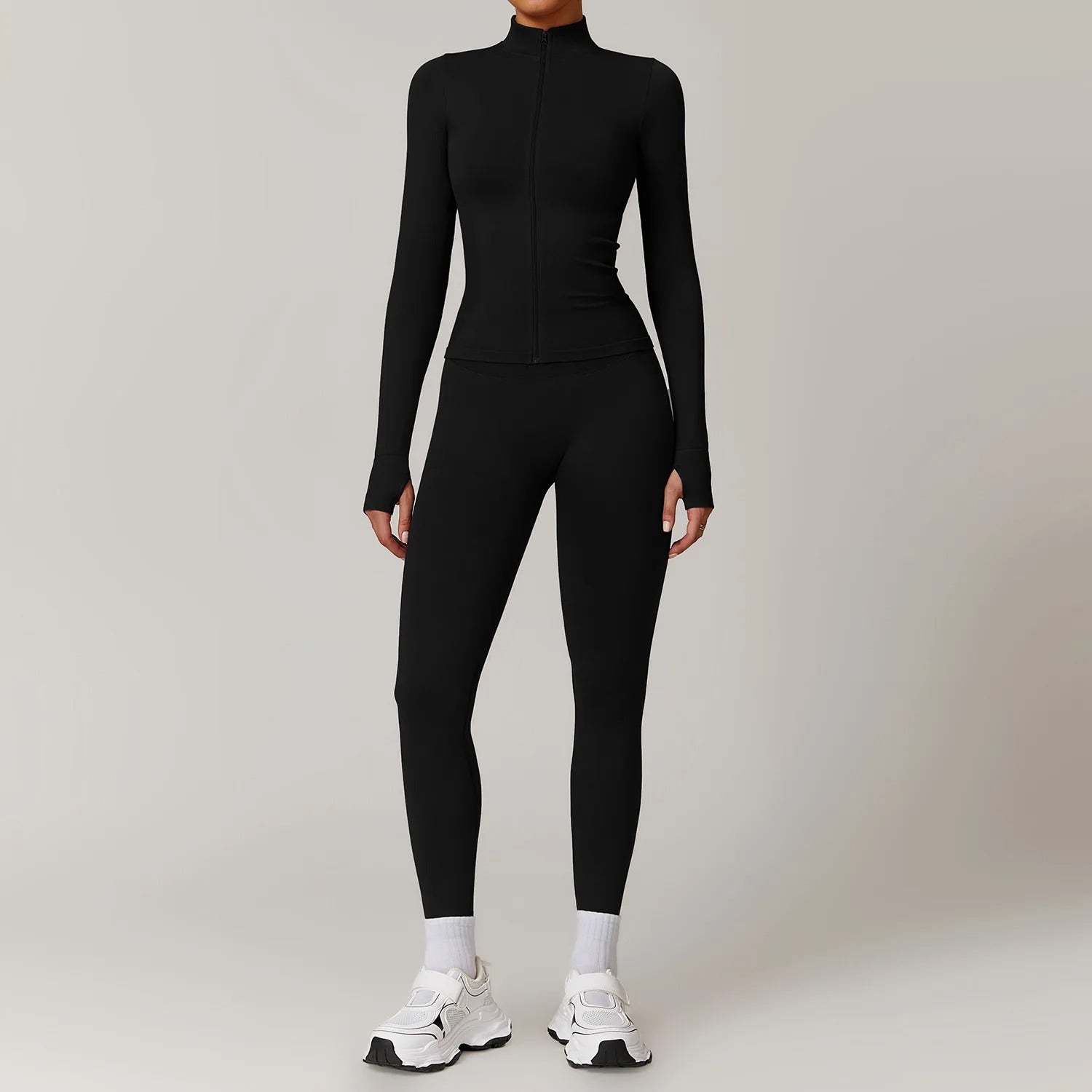 Seamless Yoga Set – Long Sleeve Zip Jacket & High Waist Leggings Gym Outfit