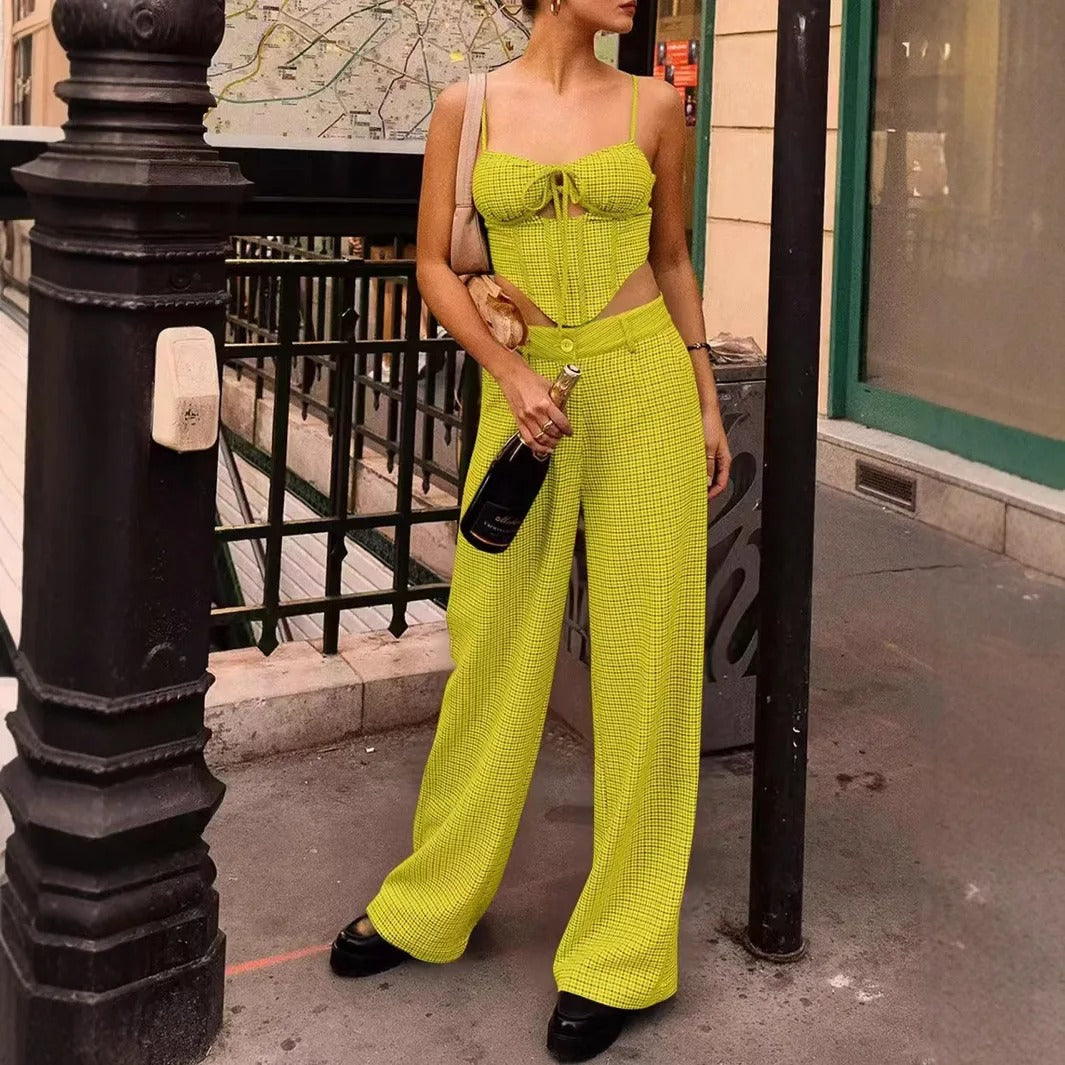 Two Piece Set – Bustier Crop Top & Wide Leg Pants Outfit