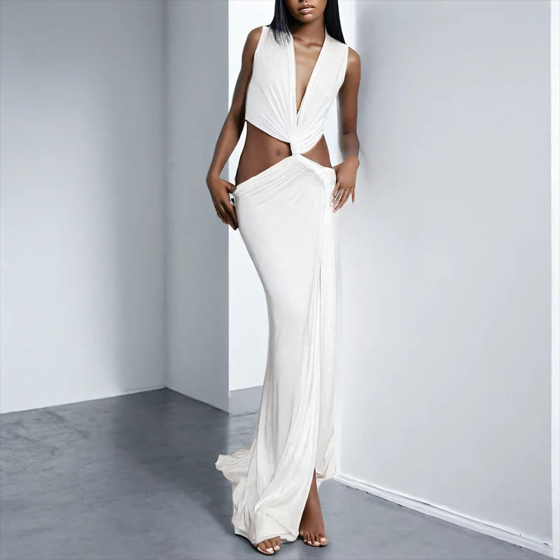 Cut Out Maxi Dress – Deep V Neck High Split Evening Gown
