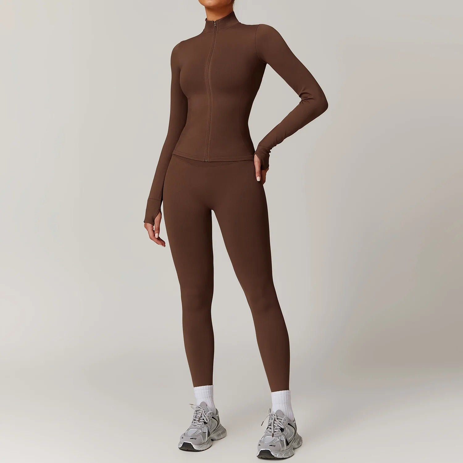 Seamless Yoga Set – Long Sleeve Zip Jacket & High Waist Leggings Gym Outfit