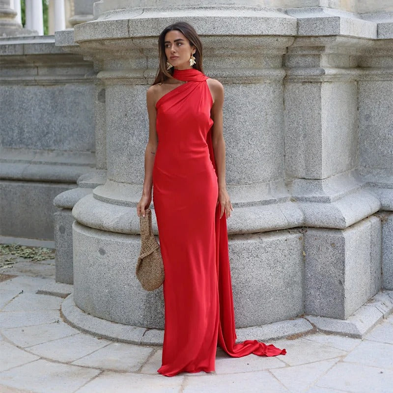 One Shoulder Satin Maxi Dress – Elegant Evening Gown