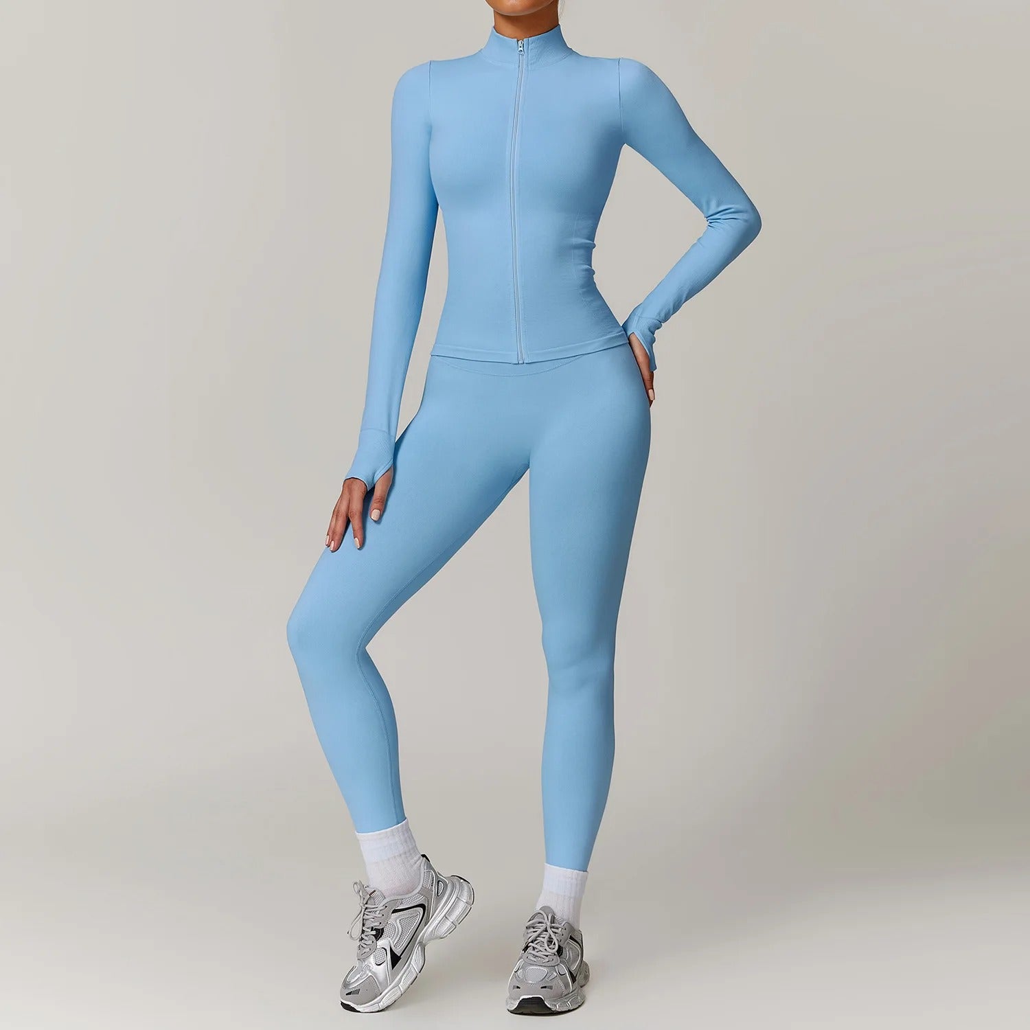 Seamless Yoga Set – Long Sleeve Zip Jacket & High Waist Leggings Gym Outfit