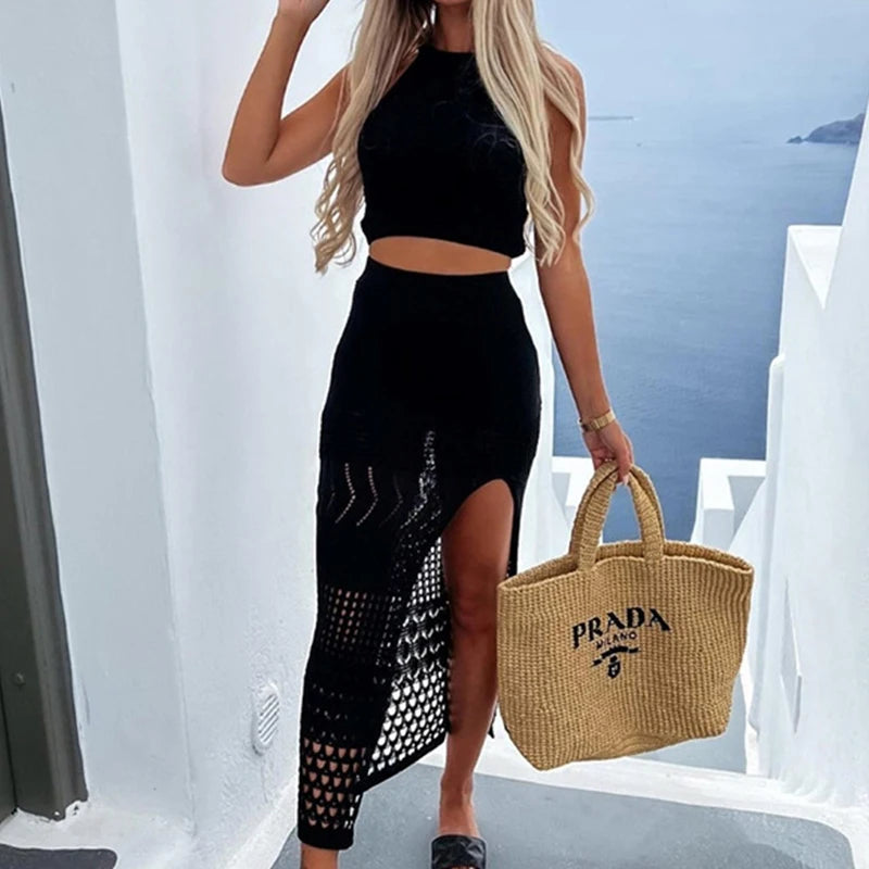 Crochet Knit Two Piece Set – Sleeveless Crop Top and Slit Maxi Skirt