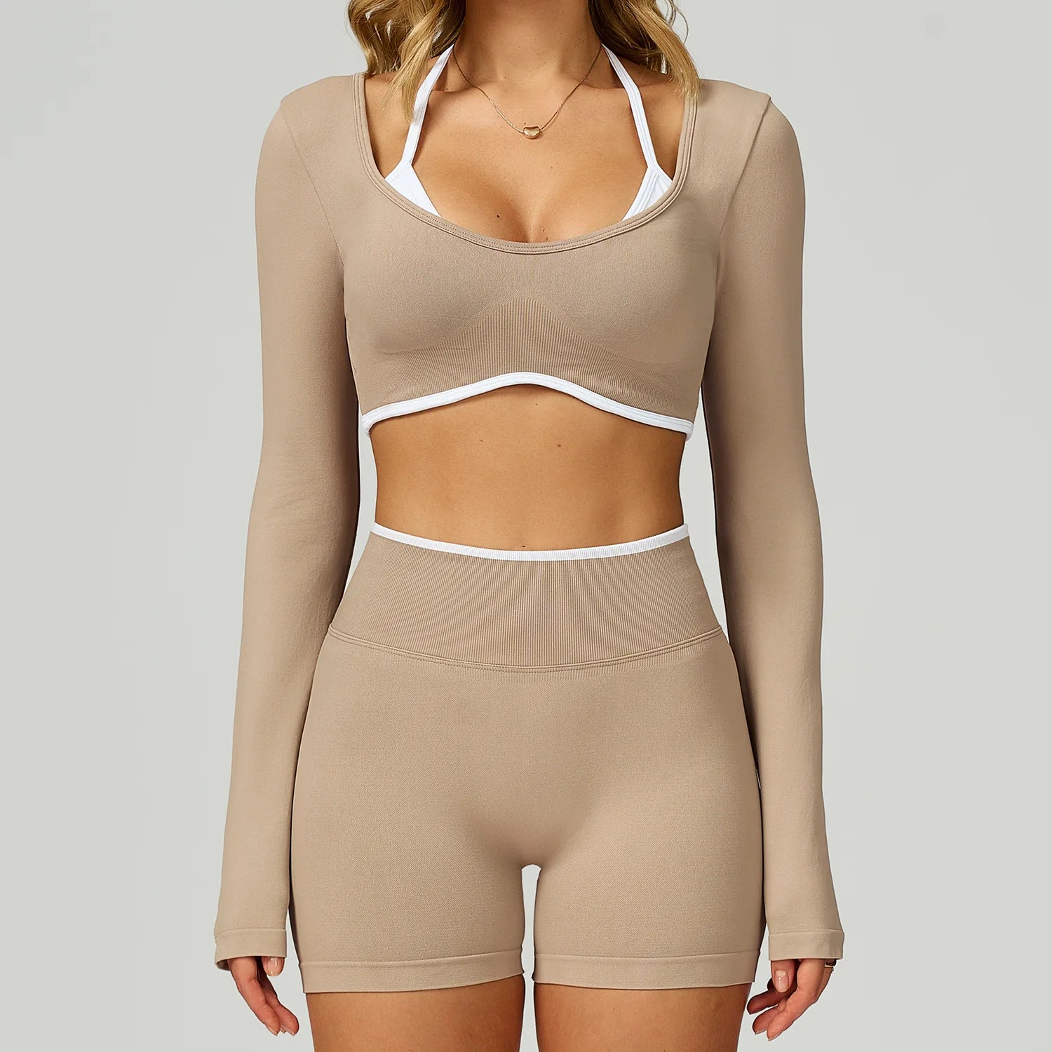Seamless Yoga Set – Long Sleeve Crop Top & High Waist Shorts Activewear