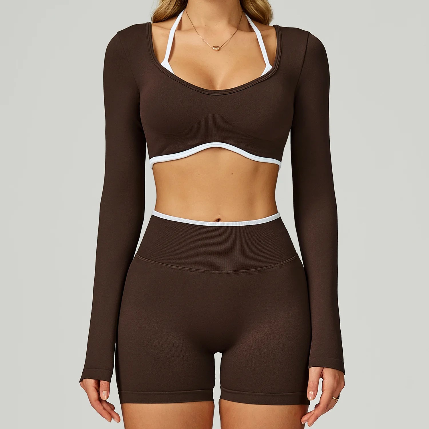 Seamless Yoga Set – Long Sleeve Crop Top & High Waist Shorts Activewear