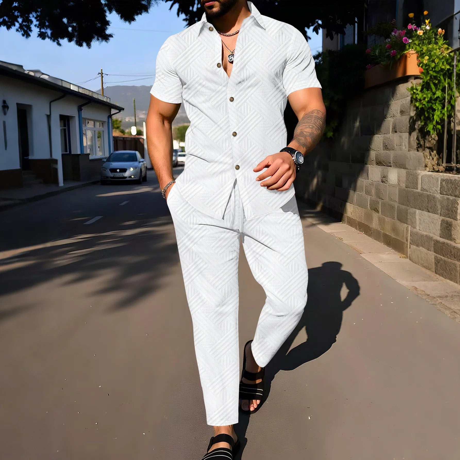 Men’s Linen Button Up Shirt and Pants Set – Casual Summer Outfit